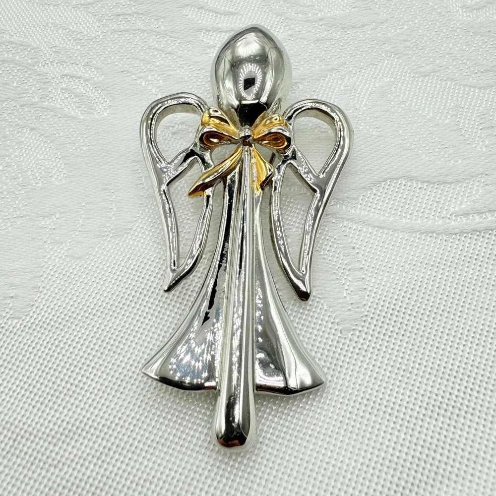 Vintage Silver and Gold Tone Angel Pin Brooch or Pendant w/ Ribbon